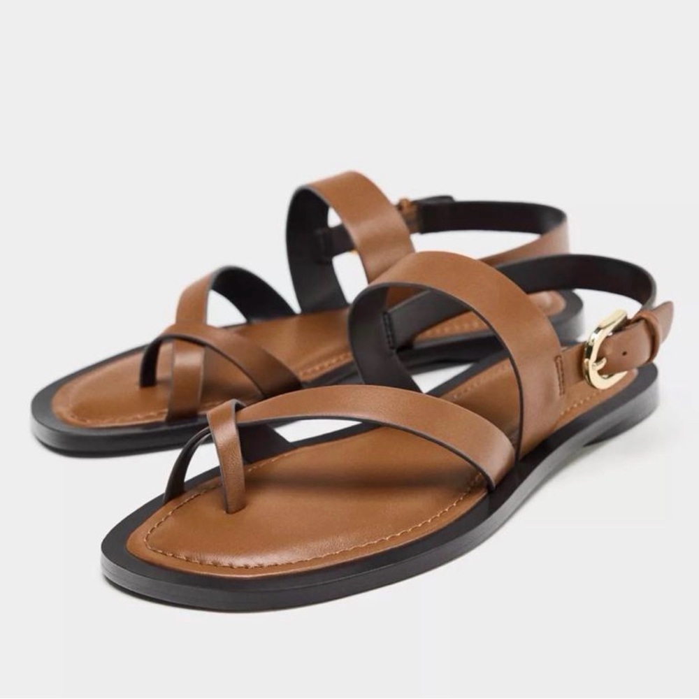 Zara Tan Leather Toe-Loop Sandals with Gold Buckle